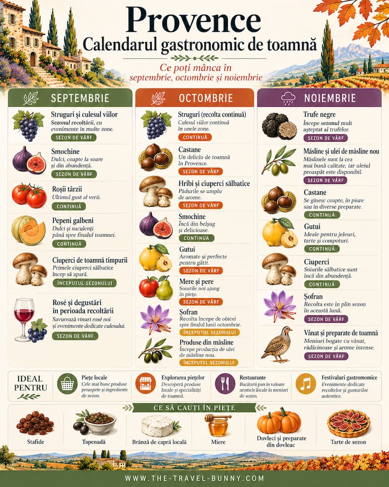 Calendar Gastronomic Provence Toamna Septembrie Octombrie Noiembrie Calendar gastronomic de toamnă în Provence cu struguri, smochine, castane, ciuperci, gutui, șofran, măsline și trufe negre pentru septembrie, octombrie și noiembrie.