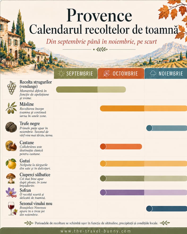 Calendar Recolte Provence Toamna Struguri Masline Trufe Calendar al recoltelor de toamnă în Provence, cu perioade pentru struguri, măsline, trufe negre, castane, gutui, ciuperci sălbatice, șofran și vin nou din septembrie până în noiembrie.