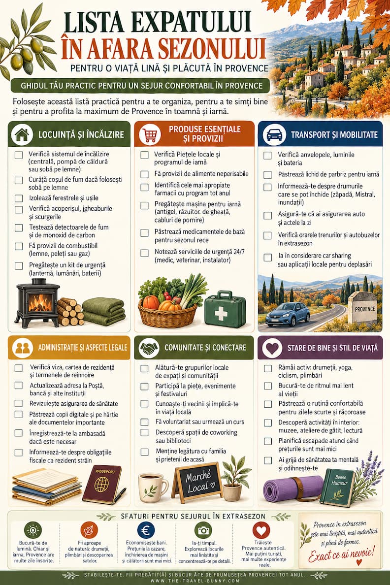 Expat Provence Extrasezon Lista Locuinta Transport Viata Locala Infografic pentru expați în Provence în extrasezon, cu recomandări despre locuință și încălzire, provizii, transport, acte, comunitate și stil de viață toamna și iarna.