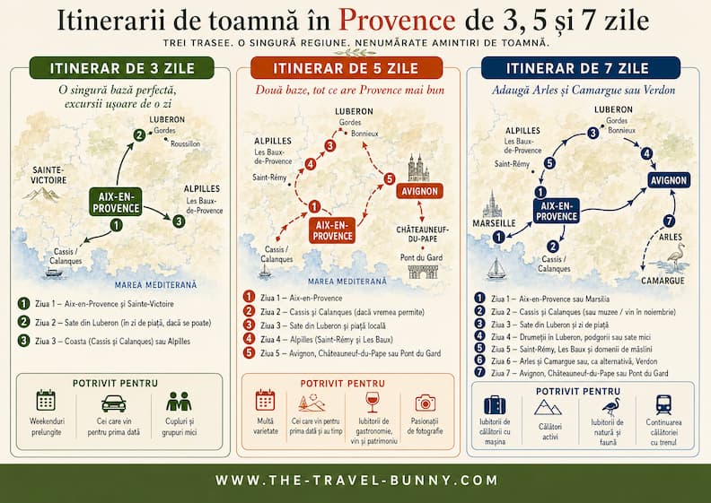 Itinerarii Provence Toamna 3 5 7 Zile Road Trip Infografic cu itinerarii de toamnă în Provence pentru 3, 5 și 7 zile, cu trasee prin Aix-en-Provence, Luberon, Alpilles, Cassis, Avignon, Arles și Camargue.