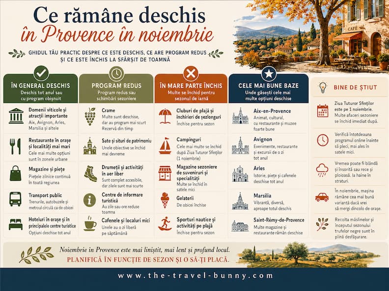 Provence Noiembrie Ce Ramane Deschis Ghid Toamna Infografic despre ce rămâne deschis în Provence în noiembrie, cu informații despre restaurante, piețe, transport, hoteluri, crame, atracții, programe reduse și cele mai bune baze pentru sfârșitul toamnei.