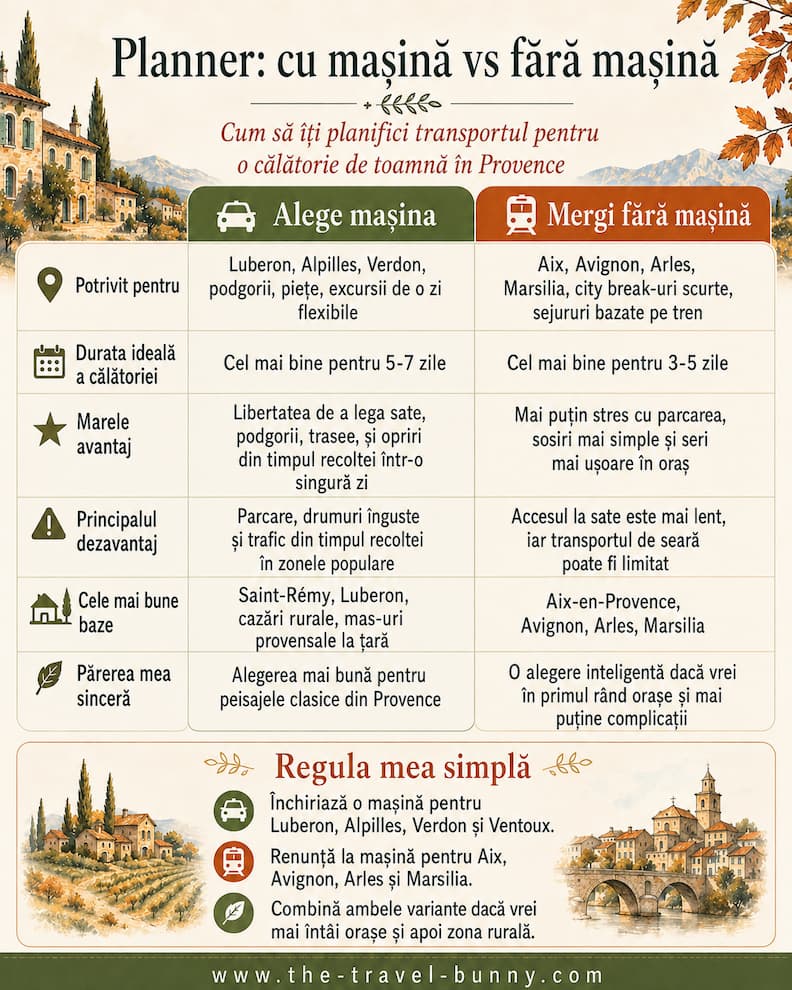 Provence Toamna Cu Masina Sau Fara Masina Planner Transport Infografic pentru o călătorie în Provence toamna, comparând varianta cu mașină și fără mașină pentru Luberon, Alpilles, Verdon, Aix-en-Provence, Avignon, Arles și Marseille.