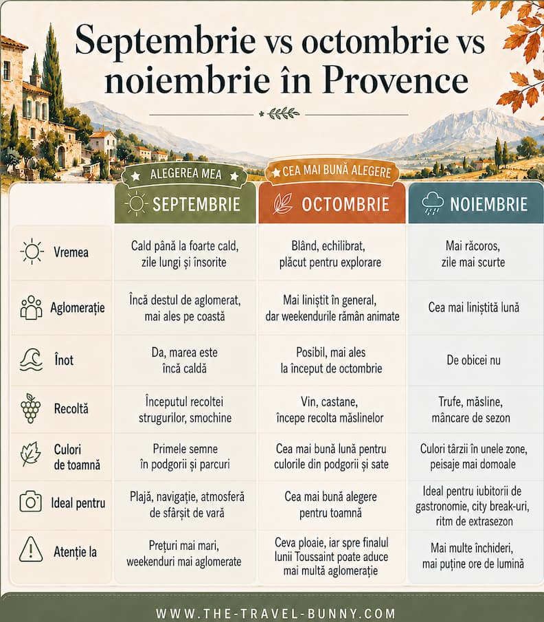 Septembrie Octombrie Noiembrie Provence Toamna Comparatie Comparație între septembrie, octombrie și noiembrie în Provence, cu informații despre vreme, aglomerație, înot, recolte, culori de toamnă și perioadele potrivite pentru călătorie.