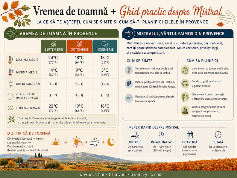 Vremea Provence Toamna Mistral Septembrie Octombrie Noiembrie Infografic despre vremea în Provence toamna și Mistral, cu temperaturi pentru septembrie, octombrie și noiembrie, zile ploioase, temperatura mării și sfaturi practice pentru vânt.