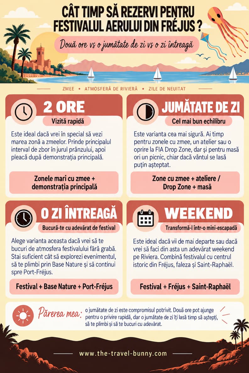 Cat timp sa rezervi pentru Festivalul Aerului din Frejus Infografic despre cât timp să rezervi pentru Festival International de l’Air Fréjus, cu opțiuni de două ore, jumătate de zi, o zi întreagă sau un weekend.