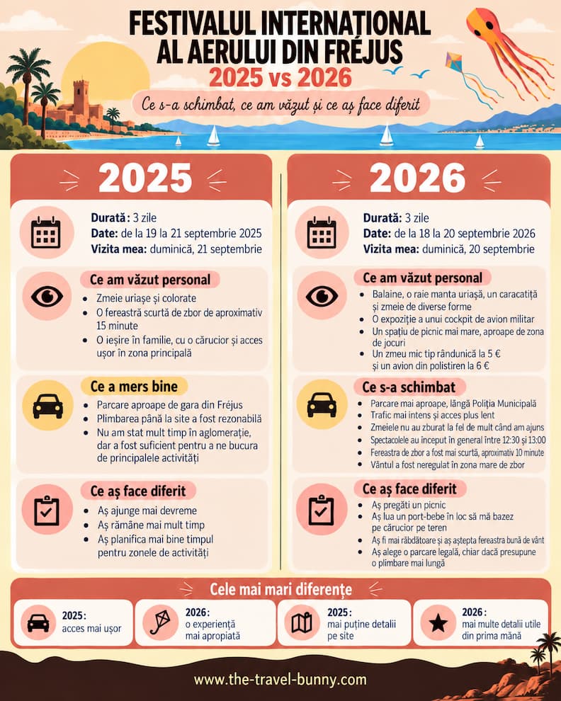 Festival International de l Air Frejus 2025 vs 2026 comparatie Infografic comparativ Festival International de l’Air Fréjus 2025 vs 2026, cu diferențe privind durata, accesul, zmeiele, experiența în familie și sfaturi pentru o vizită viitoare.