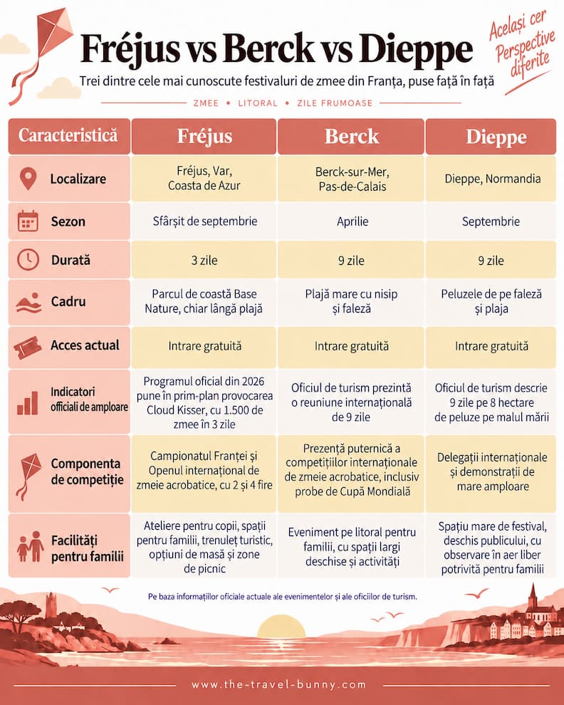 Frejus vs Berck vs Dieppe comparatie festivaluri de zmeie Franta Infografic comparativ Fréjus vs Berck vs Dieppe, cu localizarea, sezonul, durata, accesul gratuit, competițiile de zmeie și facilitățile pentru familii la trei festivaluri din Franța.