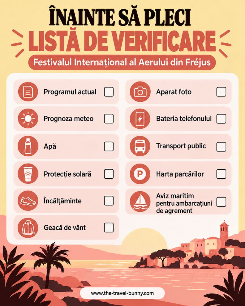Lista de verificare Festival International de l Air Frejus Listă de verificare înainte de Festival International de l’Air Fréjus, cu program, prognoza meteo, apă, protecție solară, încălțăminte, aparat foto, transport și parcare.
