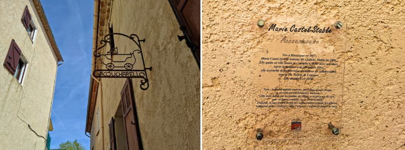Acoucharello moasa Mons Var Circuit des Enseignes Însemnul din fier forjat Acoucharello și placa dedicată moașei Marie Castel-Stable, pe Circuit des Enseignes din Mons Var.