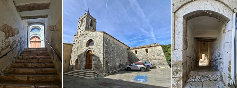 Biserica Notre Dame de l Assomption Mons Var Biserica Notre-Dame-de-l’Assomption din Mons Var, cu fațada din piatră, turnul-clopotniță și pasajele înguste cu trepte din jur.
