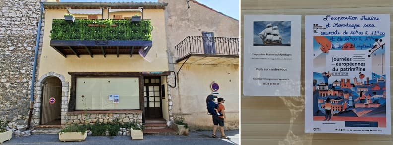 Marine et Monstagne muzeu Mons Var expozitie nave Exteriorul expoziției Marine et Monstagne din Mons Var, cu afișe despre modelele de nave și programul pentru Journées Européennes du Patrimoine.