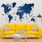 2D Colored Wood World Map for Wall Navy Blue
