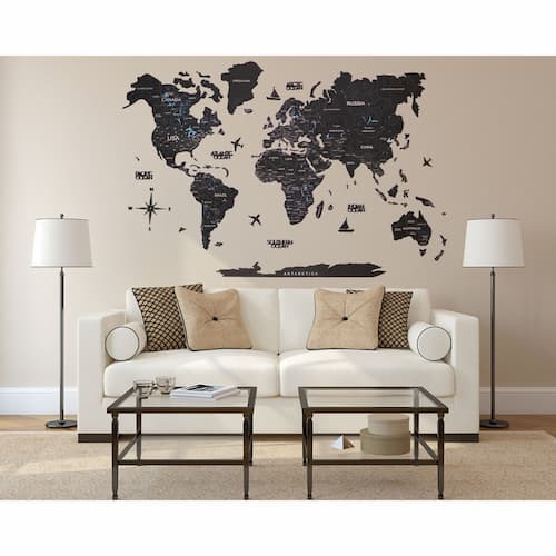 2D Cork world map for wall black