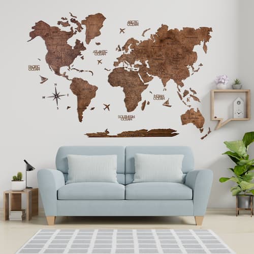 2D Wooden World Map for Wall Walnut