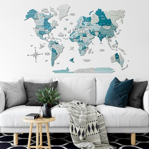 3D Colored Wood World Map Aqua