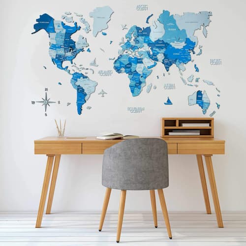 3D Colored Wood World Map Blue