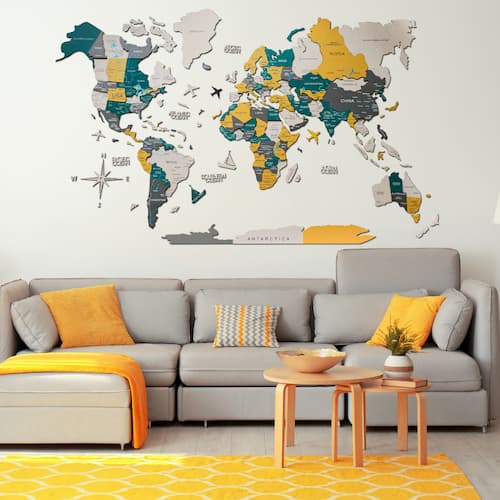 3D Colored Wood World Map Country