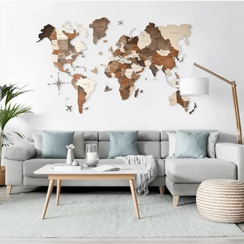 3D Wooden World Map for Wall Multicolor