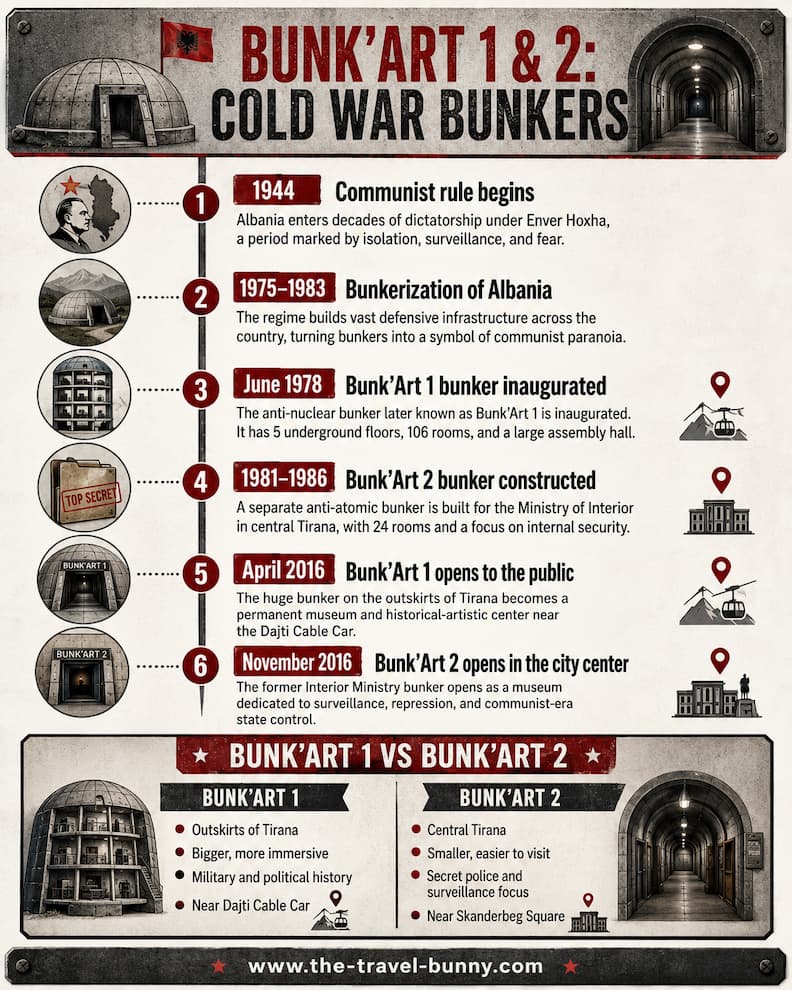 BunkArt 1 vs BunkArt 2 Tirana Cold War Bunkers Bunk’Art 1 and Bunk’Art 2 infographic comparing Tirana’s Cold War bunkers, communist history, locations, museum themes, and opening timeline.