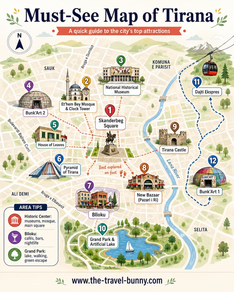 Must See Map of Tirana Top Attractions and Landmarks Illustrated map of Tirana showing Skanderbeg Square, Et’hem Bey Mosque, National Historical Museum, Bunk’Art 1 and 2, House of Leaves, Pyramid of Tirana, Blloku, New Bazaar, Tirana Castle, Grand Park, and Dajti Ekspres.