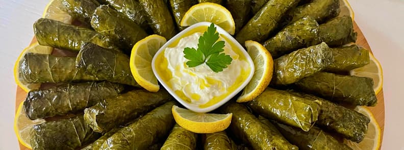 Traditional Shkoder Food Albanian Japrake to Try Plate of japrakë, Albanian stuffed grape leaves filled with rice and herbs, arranged around a creamy dip with lemon slices and fresh parsley.