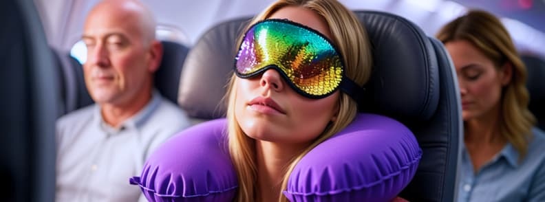 Why Is It So Hard to Sleep on a Plane Airplane Sleep Science Jet Lag and Comfort Woman sleeping on a plane with purple neck pillow and rainbow eye mask, illustrating airplane sleep science, circadian rhythm jet lag, and challenges like cabin humidity, engine noise, and cramped seats.