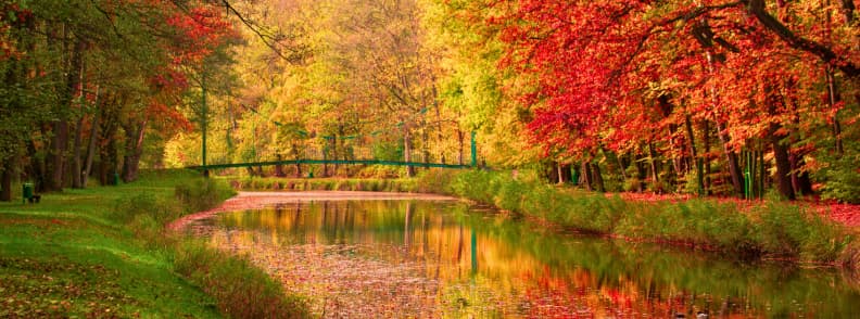 Best fall foliage destinations autumn colors travel guide Park river lined with bright red and golden autumn trees reflecting on calm water during peak fall foliage season