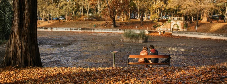 Romantic autumn in Budapest fall city break Hungary Couple sitting on a park bench covered in autumn leaves near a pond in Budapest Hungary during fall