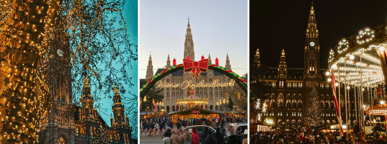 rathausplatz vienna christmas market lights carousel stalls Rathausplatz Christmas Market in Vienna with festive lights, carousel, and crowds in front of the illuminated City Hall