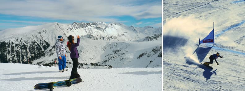 Bulgaria Ski and Snowboard Lessons Rental Gear Guide Snowboarders standing on a snowy ridge above the Pirin Mountains next to a rider carving through a marked training gate.