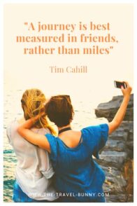 A journey is best measured in friends, rather than miles. tim cahill www.the-travel-bunny.com text over image of women taking selfies at the seaside