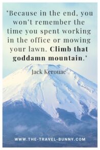 Because in the end, you won't remember the time you spent working in the office or mowing your lawn. Climb that goddamn mountain. jack kerouac www.the-travel-bunny.com text over image of a snowy mountain