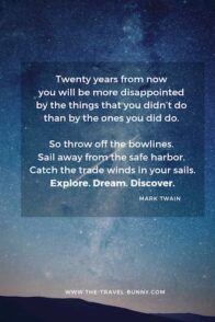 Twenty years from now you will be more disappointed by the things you didn't do than by the ones you did do. So throw off the bowlines. Sail away from the safe harbor. Catch the trade winds in your sails. Explore. Dream. Discover. mark twain www.the-travel-bunny.com text over image of starry sky