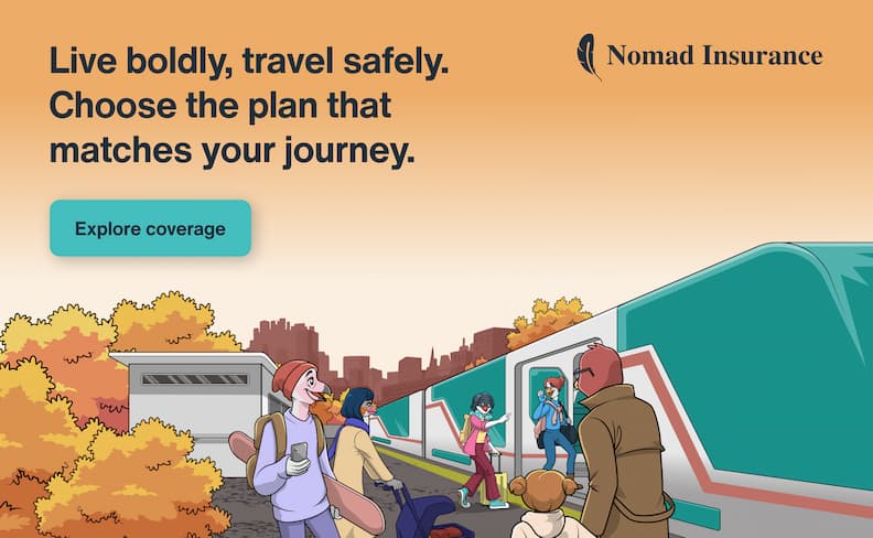 SafetyWing Nomad Insurance promotional illustration showing travelers boarding a train with backpacks and luggage, representing long-term travel and digital nomad journeys supported by flexible travel medical insurance.