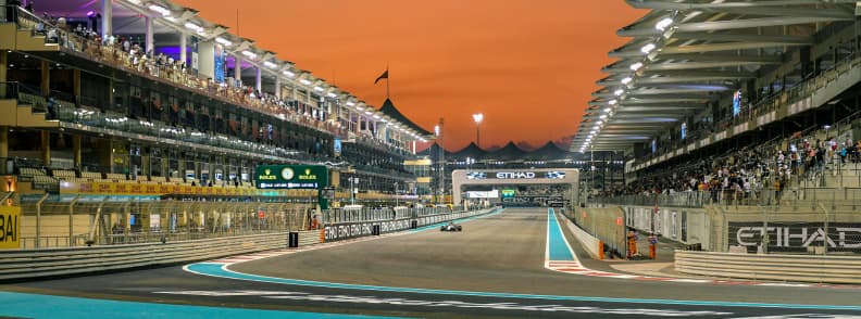 Abu Dhabi Grand Prix Yas Marina Circuit budget View of Yas Marina Circuit in Abu Dhabi at sunset during the Formula 1 Grand Prix race