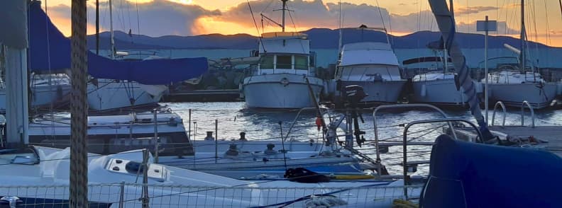 first lunch aboard our sailboat at sunset