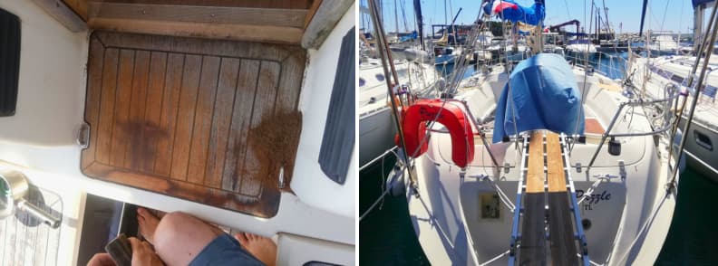 sanding the deck and making a gangway out of a ladder