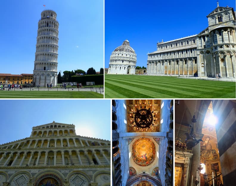 Piazza del Duomo Pisa cathedral free entry Composite of Piazza del Duomo Pisa including the Leaning Tower, Cattedrale di Pisa, Baptistery, and the cathedral’s ornate interior, showcasing what visitors can explore after arriving in Pisa by boat.