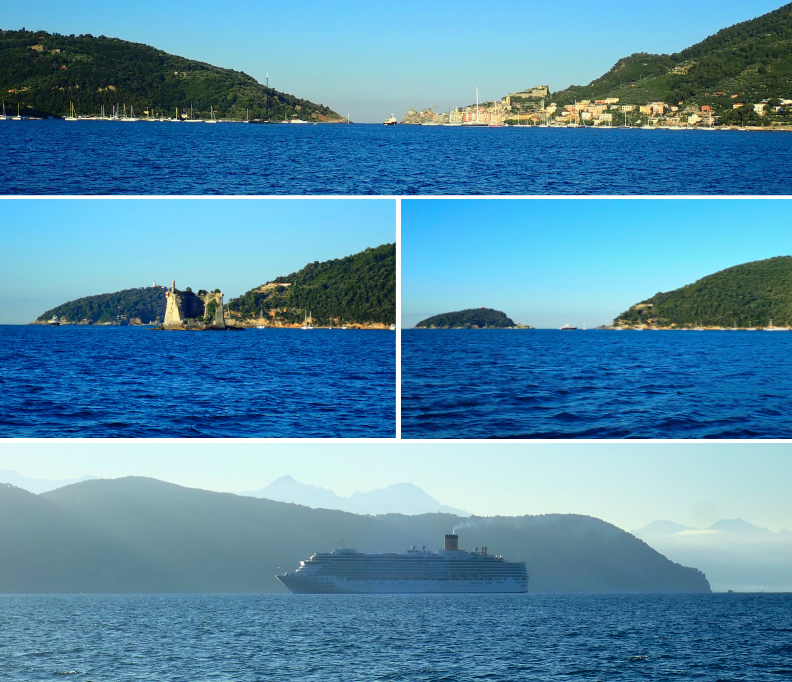 Tuscan coast sailing from Portovenere to Pisa Composite image showing early morning sailing from Portovenere to Pisa with views of Isola Palmaria, the Portovenere castle, and a cruise ship off the Tuscan coast, taken during a summer sailing vacation in Italy.