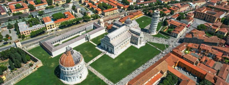 city walls of pisa piazza dei miracoli City walls of Pisa. Aerial view of Piazza dei Miracoli with Pisa Baptistery, Pisa Cathedral, Camposanto Monumentale, and Leaning Tower of Pisa
