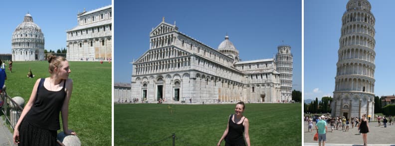 mirela letailleur pisa travel guide italy Mirela Letailleur in front of Pisa Cathedral, Pisa Baptistery, and Leaning Tower of Pisa on a sunny day in Piazza dei Miracoli