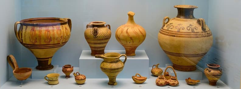 Collection of ancient Greek pottery and artifacts displayed at the Paul and Alexandra Canellopoulos Museum in Athens Greece