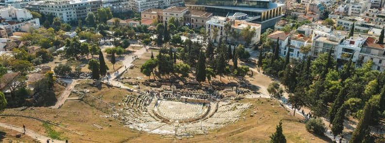 Theatre of Dionysus at the Acropolis in Athens Greece Aerial view of the Theatre of Dionysus at the Acropolis in Athens with surrounding cityscape