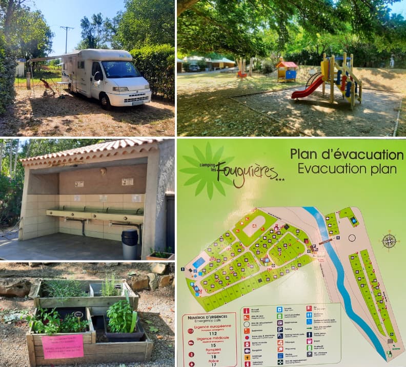 Camping Fouguieres in Carces Family Friendly Campsite in Provence Verte Collage of Camping Fouguières in Carcès showing campervan pitch, playground, washing area, herb planters, and campsite map