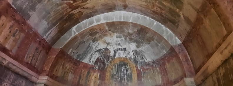 Faded Wall Paintings at Abbaye du Thoronet Medieval Church Art Provence Remnants of medieval wall paintings on the arched ceiling of the church at Abbaye du Thoronet in Provence
