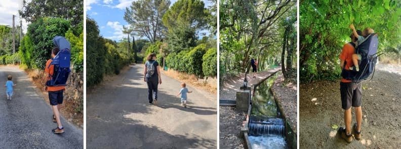 Family Hike to Cascades de Caramy and Lac de Carces in Provence Verte Family with a toddler hiking shaded trails along the irrigation canal from Carcès to Cascades de Caramy and Lac de Carcès