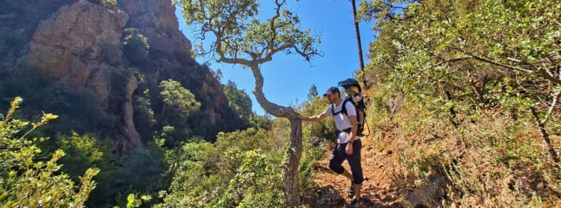 Family hiking Ravin du Gratadis Esterel Massif Saint Raphael Hiker carrying a toddler in a baby carrier on a narrow red rock path in the Ravin du Gratadis with cliffs and scrub in the Estérel Massif near Saint Raphaël