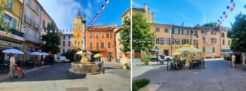 Place de la Mairie in Carces Clock Tower Square in the Heart of the Village Place de la Mairie in Carcès with fountain, clock tower, and family walking with a stroller under festive flags