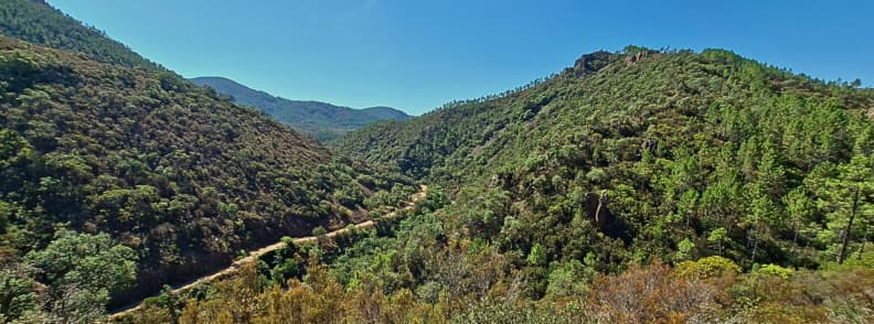 Practical info Ravin du Gratadis track Esterel Massif Saint Raphael Wide valley view with a red gravel track winding through pine covered hills in the Estérel Massif near Saint Raphael on the route to Col d’Aubert and Étang d’Aubert