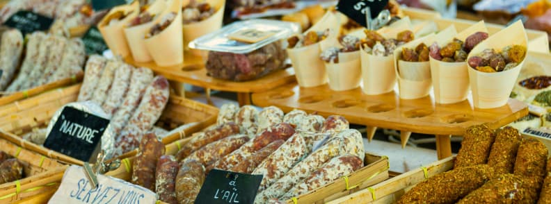 Provencal Markets Near Thoronet Abbey Local Food and Crafts Selection of artisanal cured sausages at a Provençal market near Abbaye du Thoronet